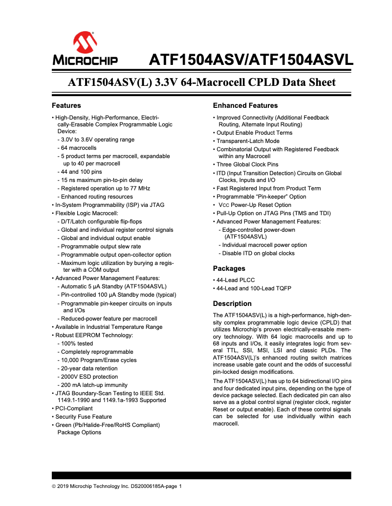Page 1 de la notice Fiche technique Microchip ATF1504ASV