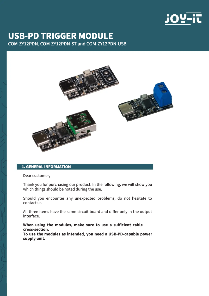 Page 1 de la notice Mode d'emploi Joy-It COM-ZY12PDN-USB