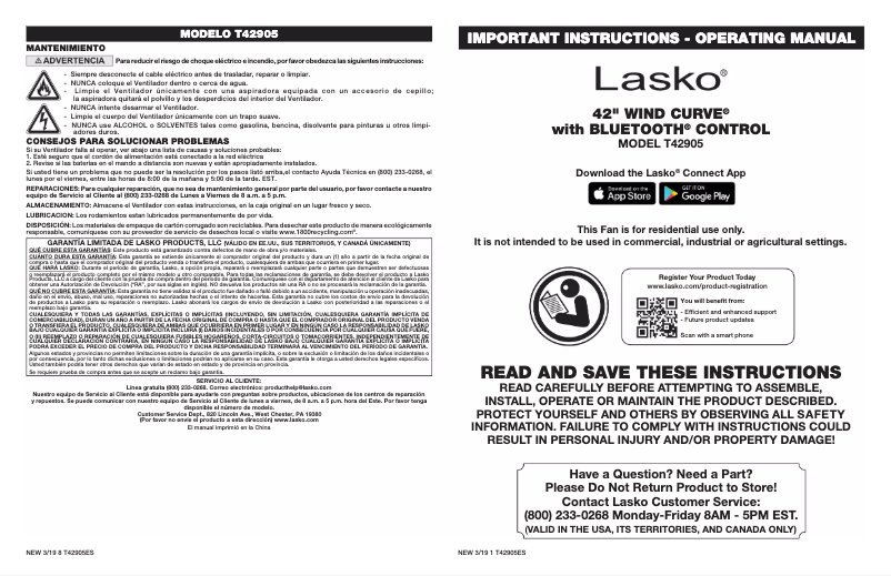 Page 1 de la notice Manuel utilisateur Lasko Wind Curve T42905