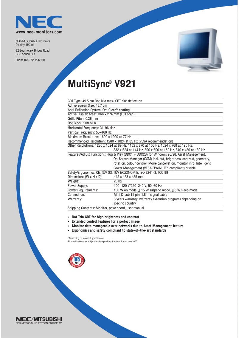 Página 1 del manual Ficha técnica NEC Multisync V921