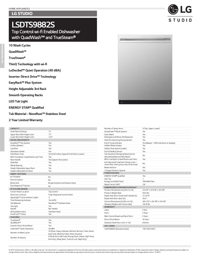 Page 1 de la notice Fiche technique LG LSDTS9882S