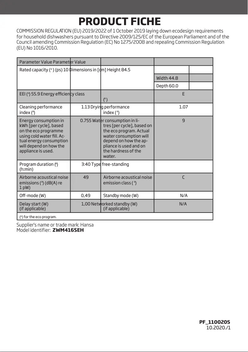 Page 1 de la notice Fiche technique Hansa ZWM 416 SEH