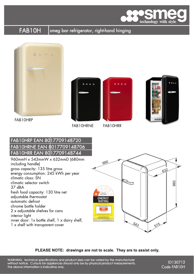 Page 1 de la notice Fiche technique Smeg FAB10HRNE