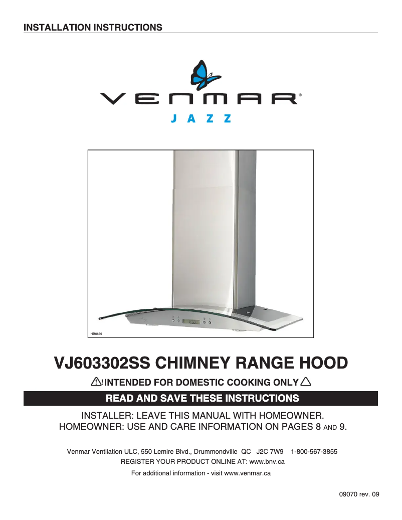 Page 1 de la notice Manuel utilisateur Venmar Jazz VJ603302SS