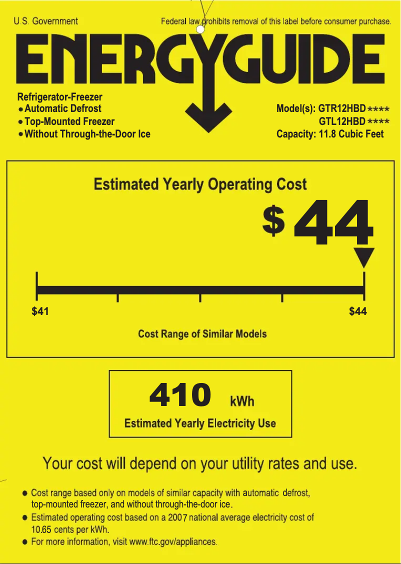 Page n°1 - Label énergétique GE GTR12HBDWW