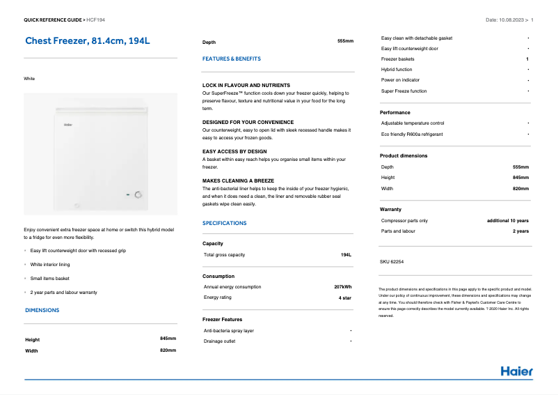 Page 1 de la notice Fiche technique Haier HCF194W