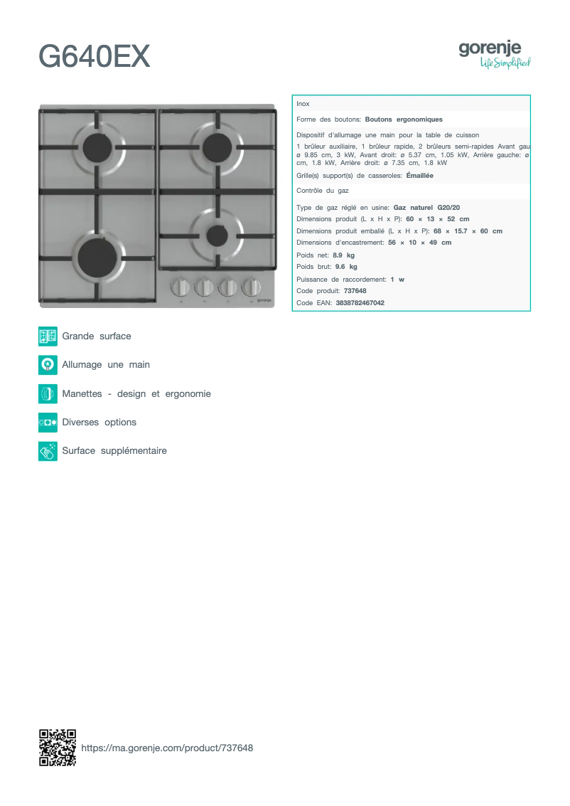 Page n°1 - Fiche technique Gorenje G640EX
