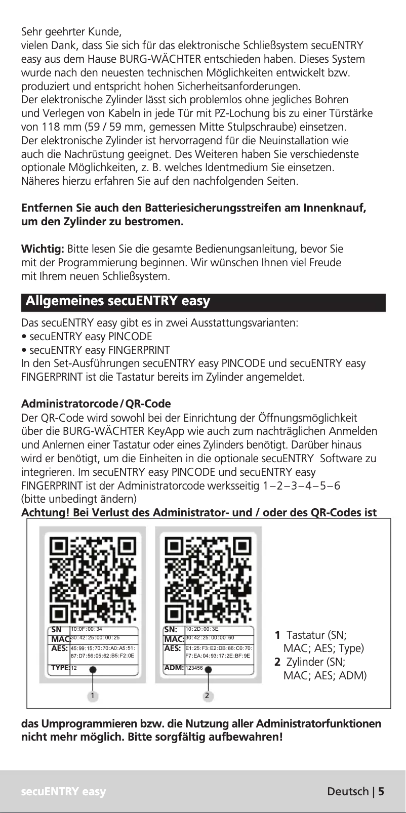 Page 1 de la notice Manuel utilisateur Burg Wächter secuENTRY easy 5601