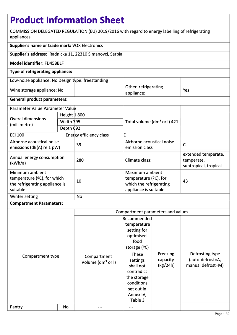 Page 1 de la notice Fiche technique VOX FD458BLE