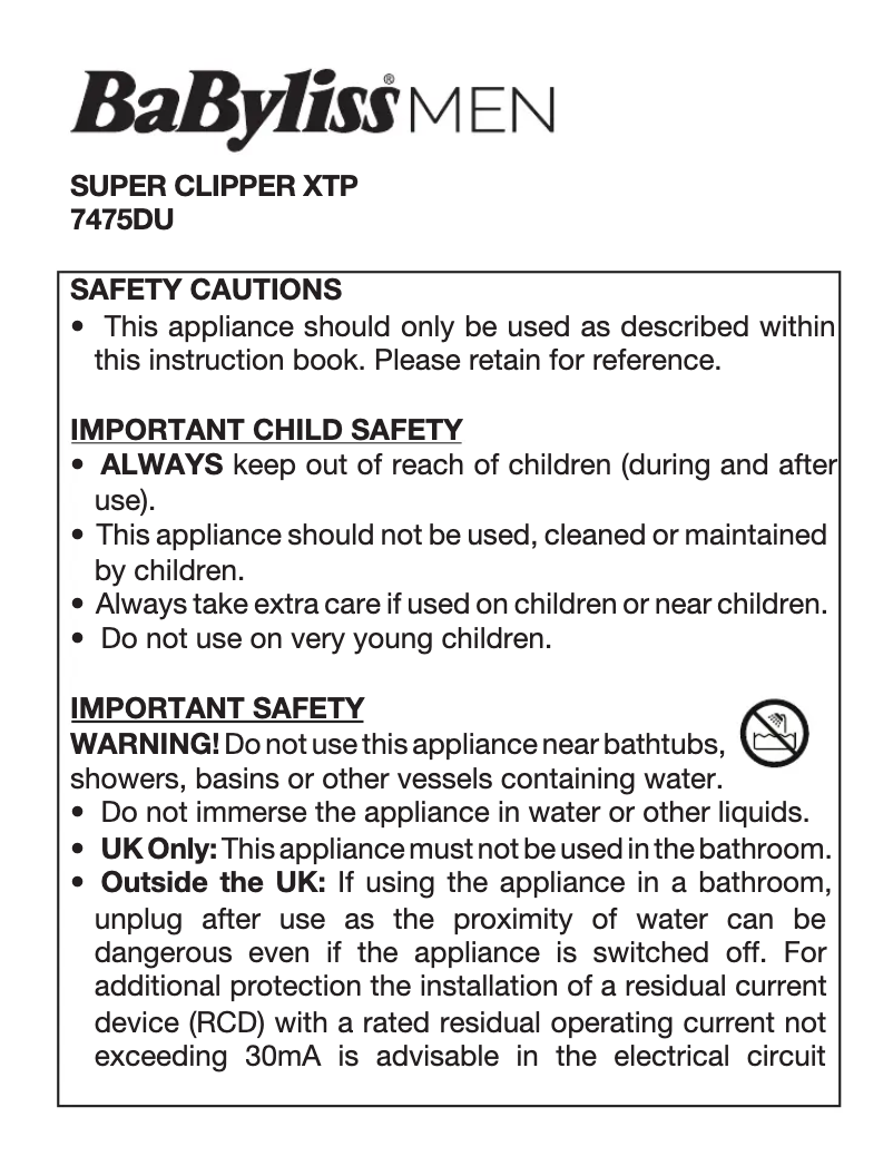 Page 1 de la notice Manuel utilisateur BaByliss Super Clipper XTP 7475DU