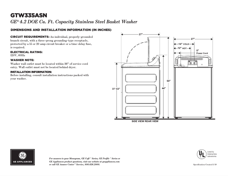 Page 1 de la notice Fiche technique GE GTW335ASNWW