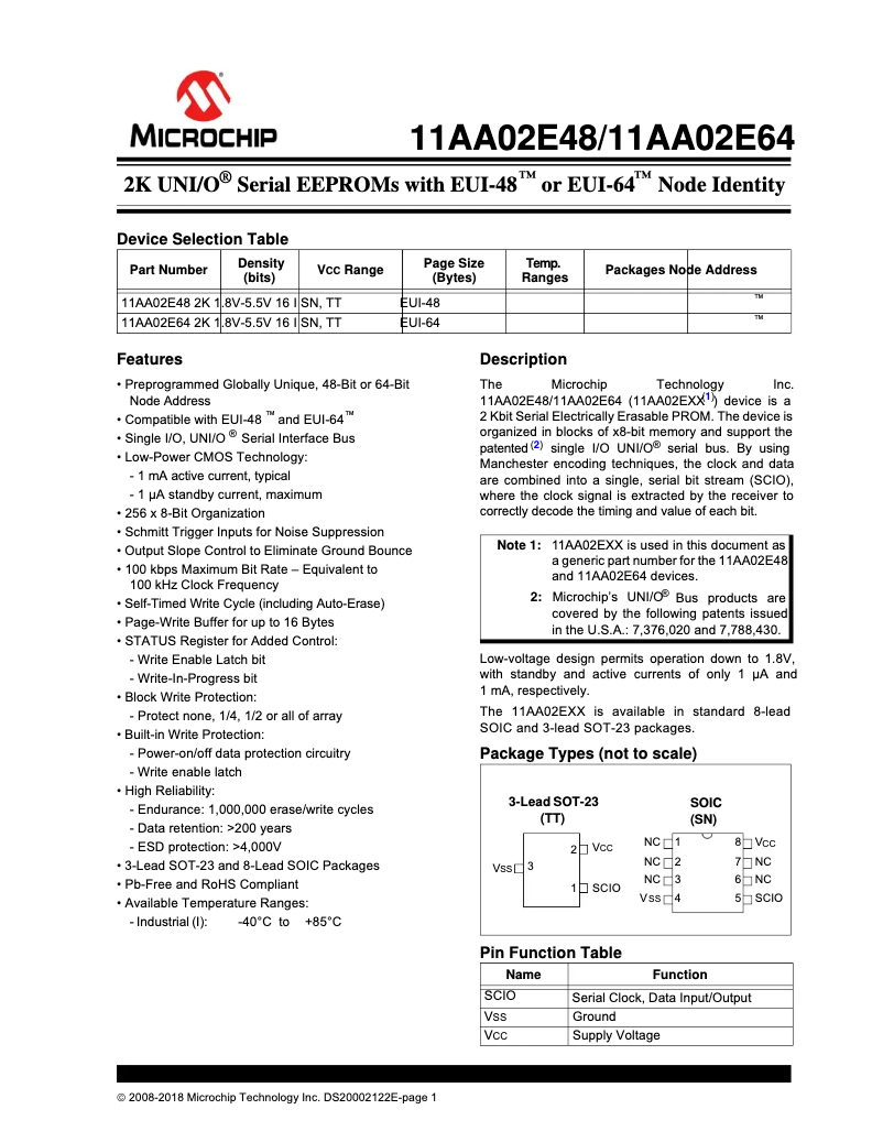 Page 1 de la notice Fiche technique Microchip 11AA02E64