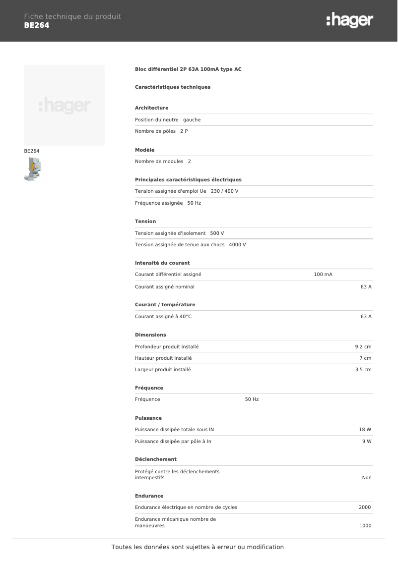 Page 1 de la notice Fiche technique Hager BE264