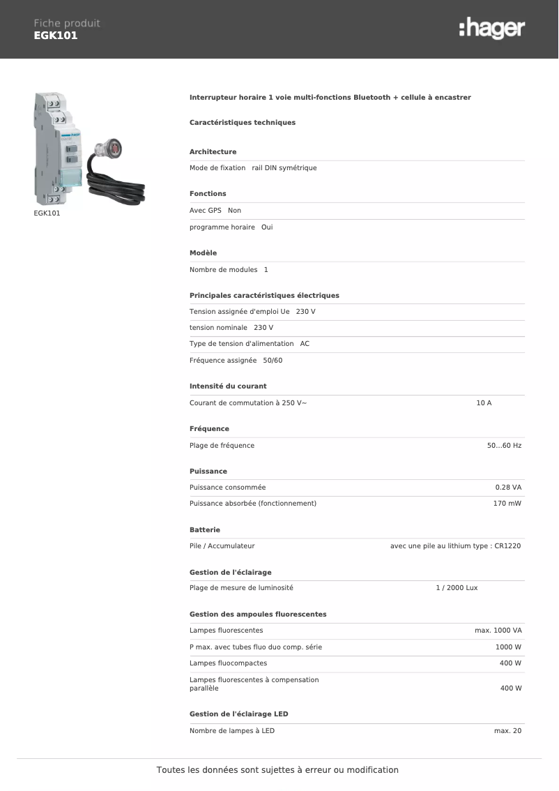 Page 1 de la notice Fiche technique Hager EGK101