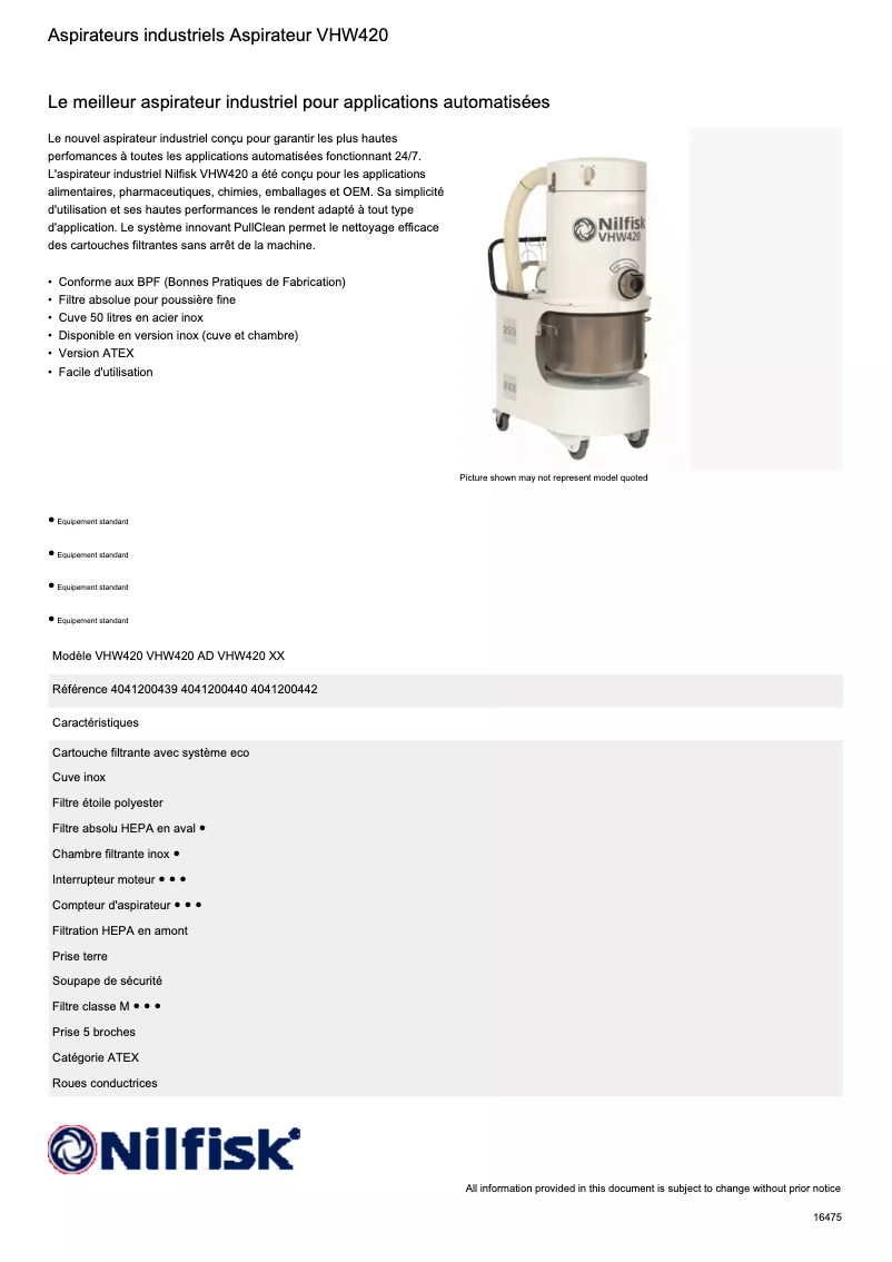 Page 1 de la notice Fiche technique Nilfisk VHW420