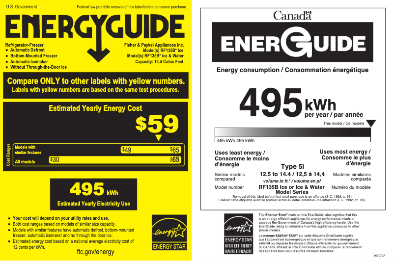 Page n°1 - Label énergétique Fisher & Paykel RF135BLPJX6