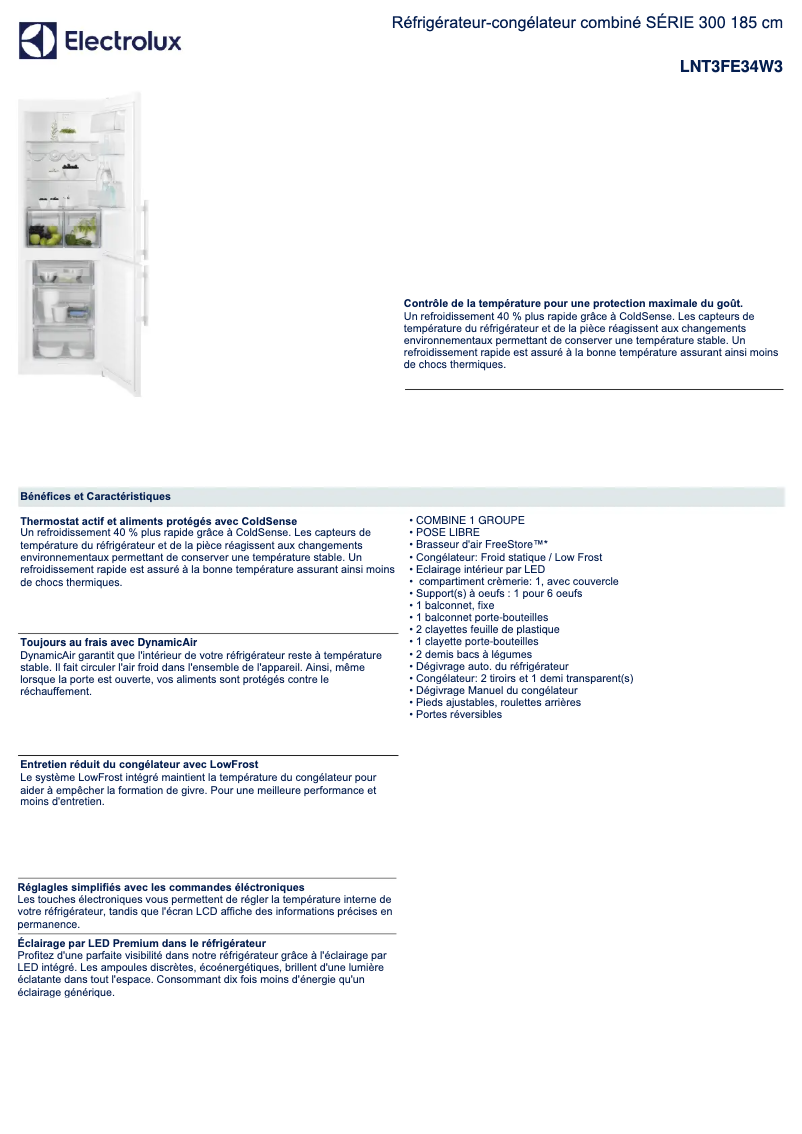 Page 1 de la notice Fiche technique Electrolux LNT3FE34W3