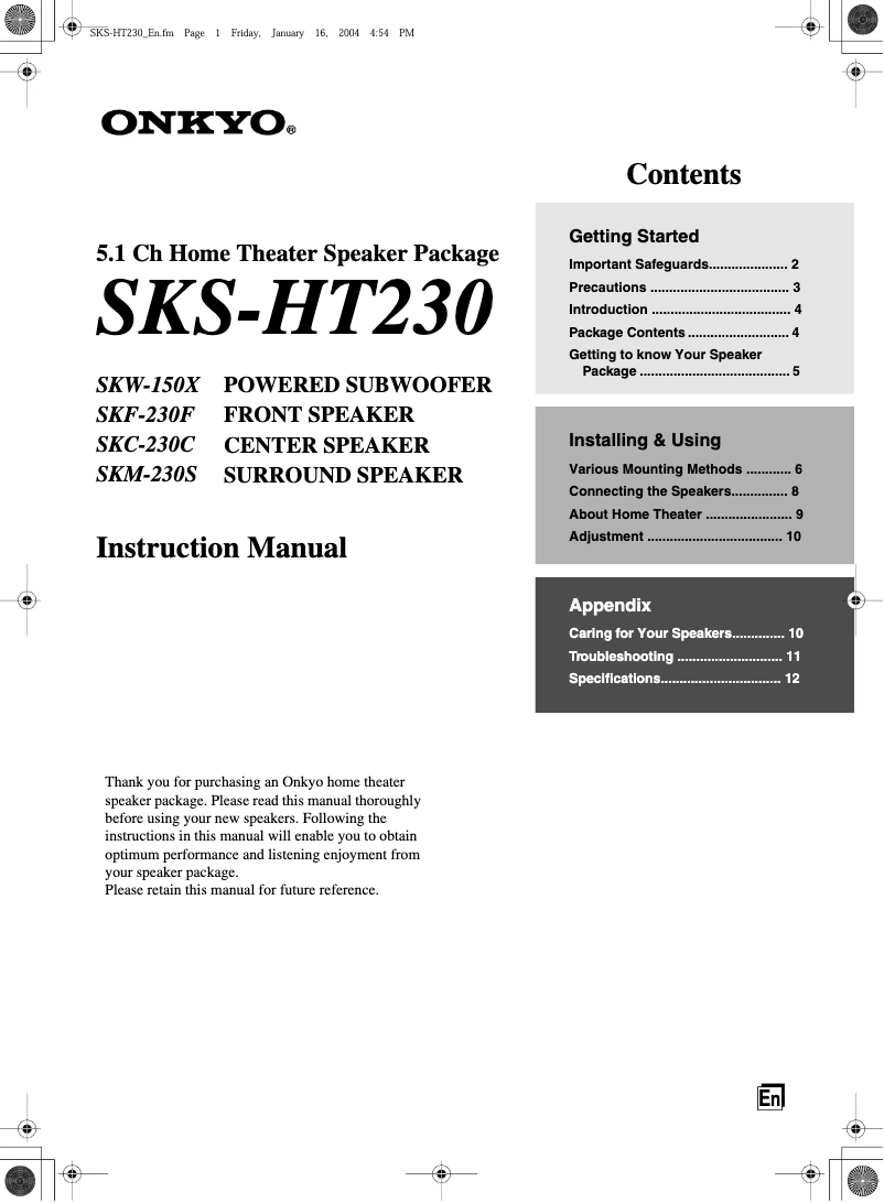 Image de la première page du manuel de l'appareil SKS-HT230