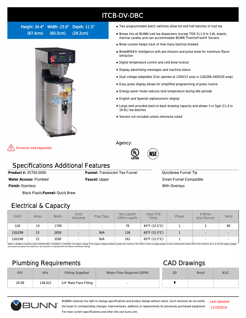 Page 1 de la notice Fiche technique Bunn Infusion