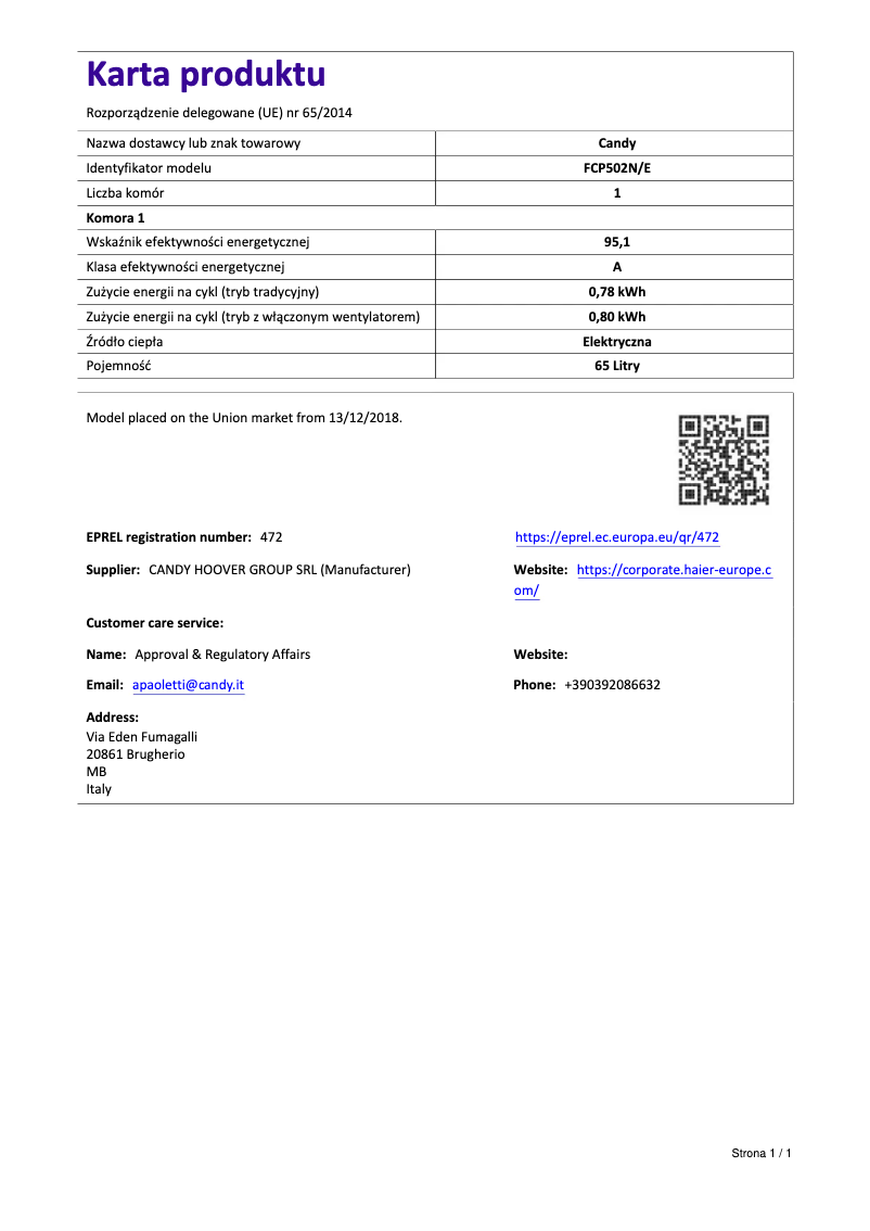Page 1 de la notice Fiche technique Candy FCP502N/E