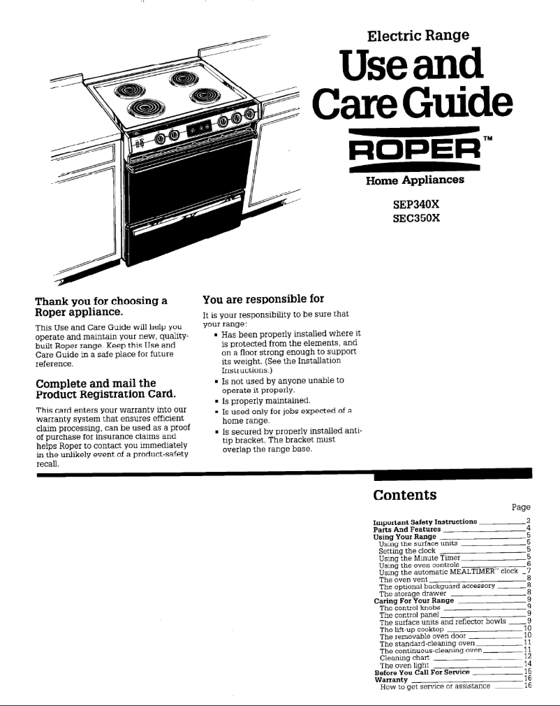 Page n°1 - Manuel utilisateur Roper SEC350XW0