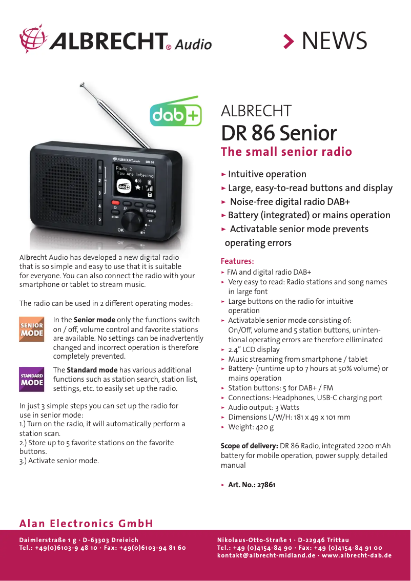 Página 1 del manual Ficha técnica Albrecht DR 86