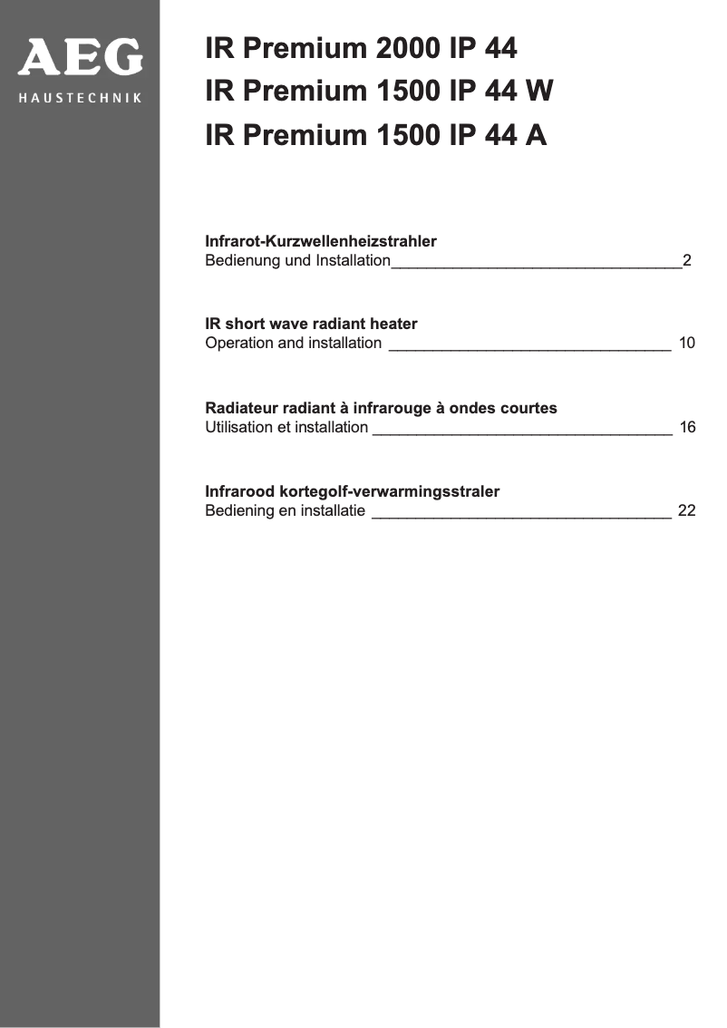 Page 1 de la notice Manuel utilisateur AEG IR Premium 1500 IP 44W