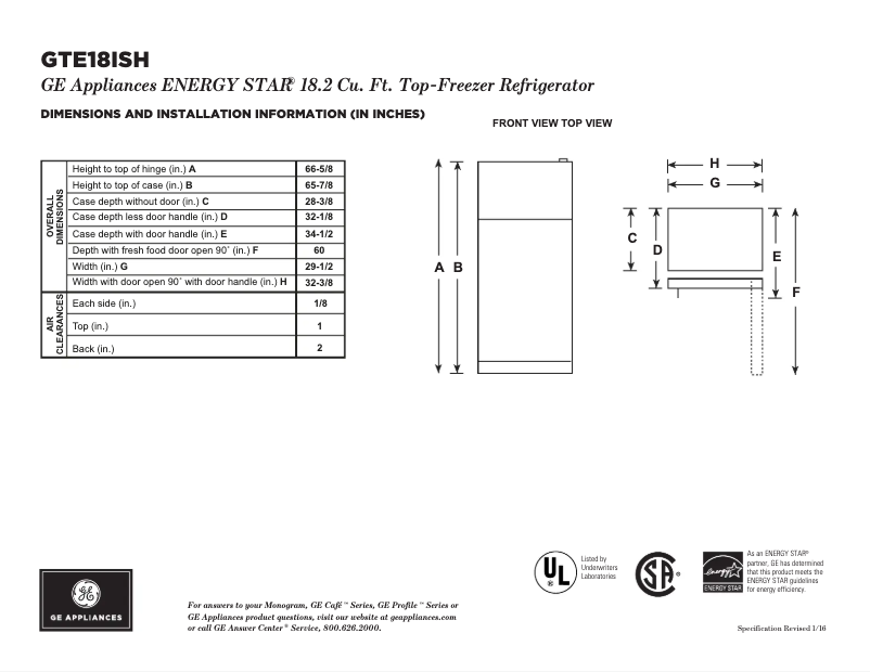 Page 1 de la notice Fiche technique GE GTE18ISHSS