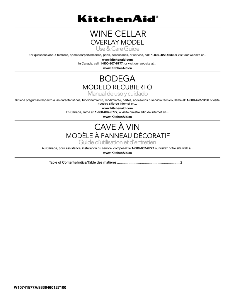 Page 1 de la notice Manuel d'utilisation et d'entretien KitchenAid KUWR204EPA