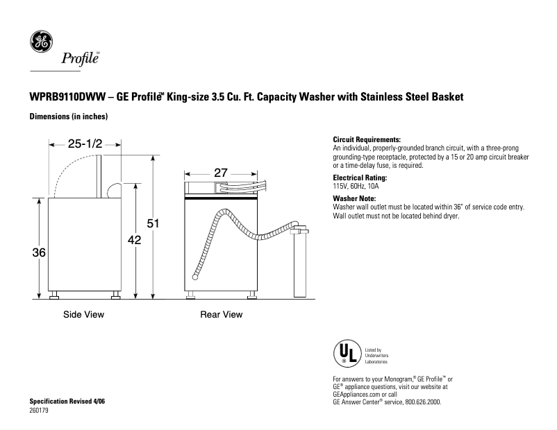 Page n°1 - Fiche technique GE Profile WPRB9110DCC