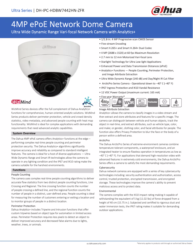 Page 1 de la notice Fiche technique Dahua Technology DH-IPC-HDBW7442HN-ZFR