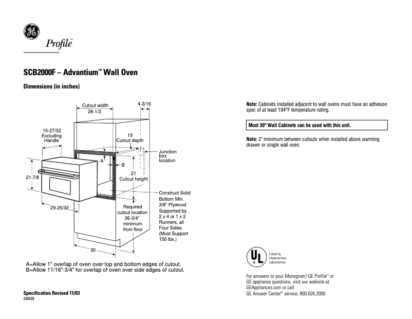 Page n°1 - Fiche technique GE SCB2000FWW