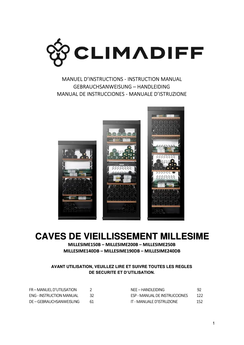 Page 1 de la notice Manuel utilisateur Climadiff MILLESIME 190D