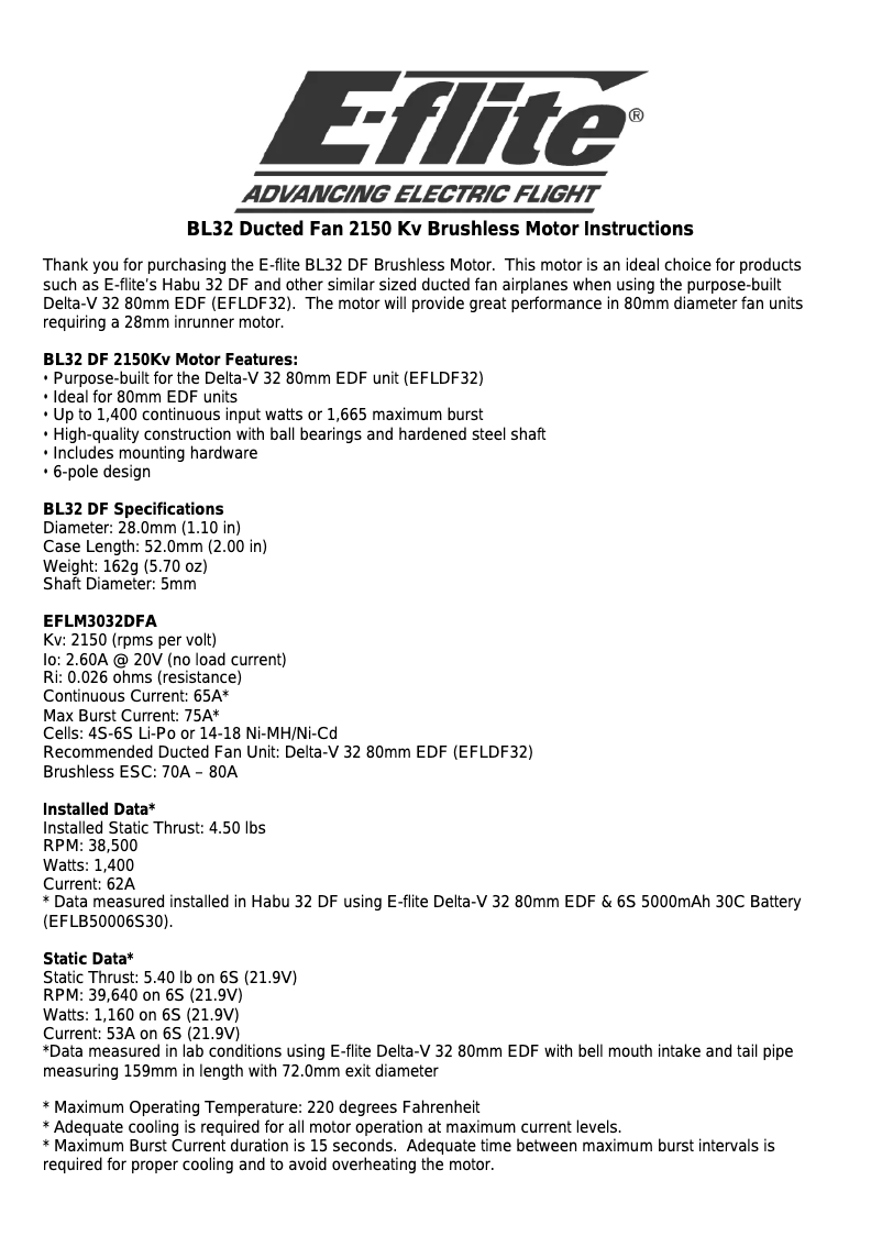 Page 1 de la notice Manuel utilisateur E-flite EFLM3032DFA