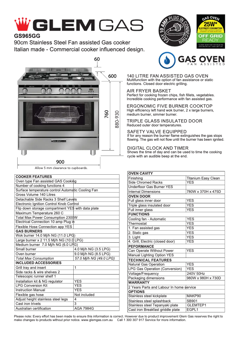 Page 1 de la notice Fiche technique Glem Gas GS965GG