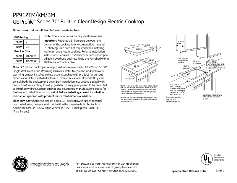 Page 1 of the manual Technical Sheet GE Profile PP912KMCC