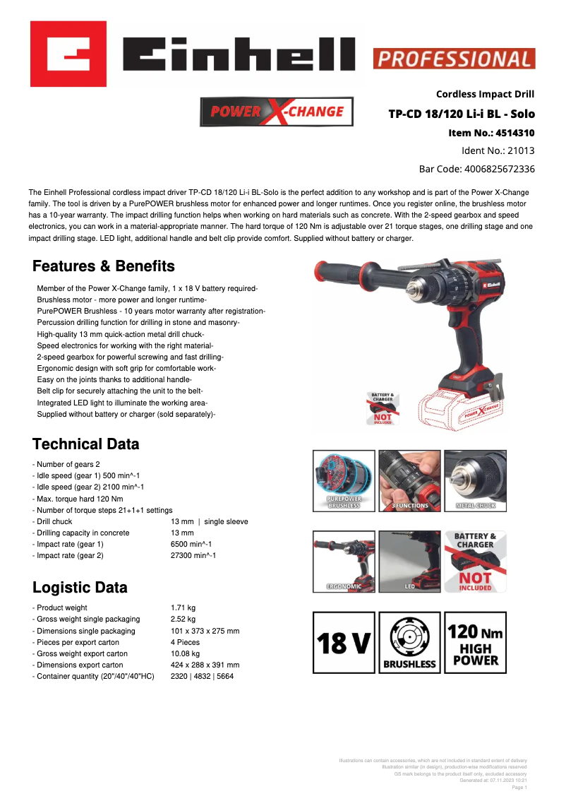 Page n°1 - Fiche technique Einhell TP-CD 18/120 Li-i BL