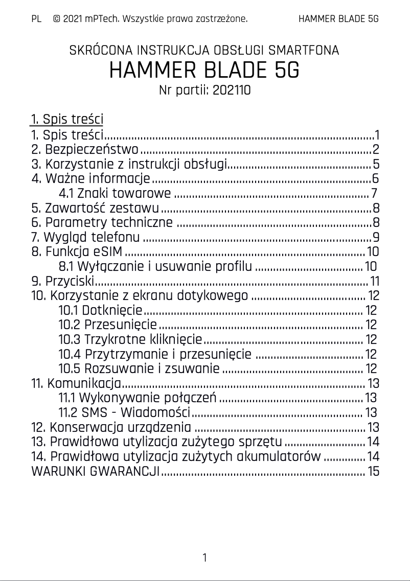 Page 1 de la notice Manuel utilisateur myPhone HAMMER Blade 5G