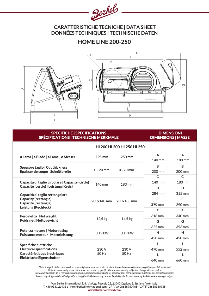 Page 1 de la notice Fiche technique Berkel Home Line 200