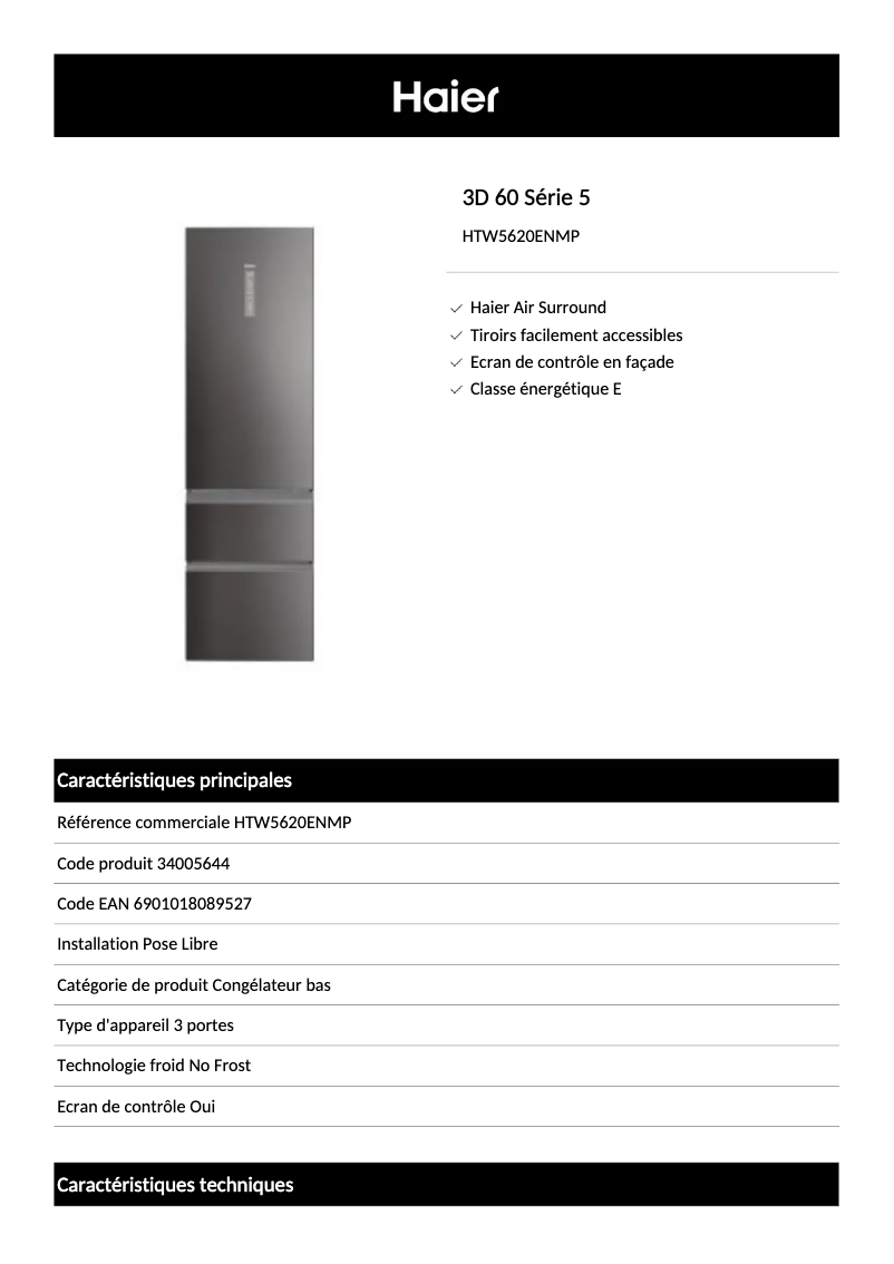 Page 1 de la notice Fiche technique Haier HTW5620ENMP