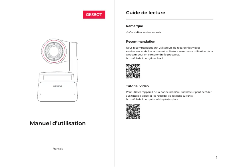 Page 1 de la notice Manuel utilisateur OBSBOT Tiny 4K