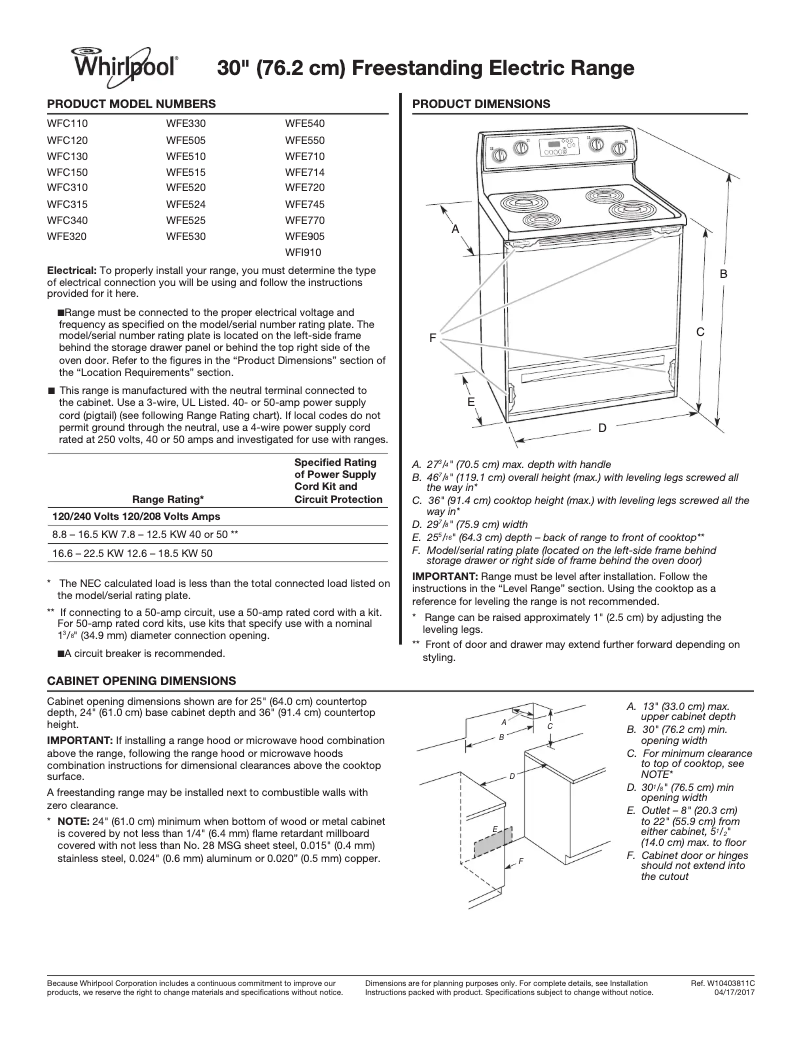 Page 1 de la notice Fiche technique Whirlpool WFE525S0HW