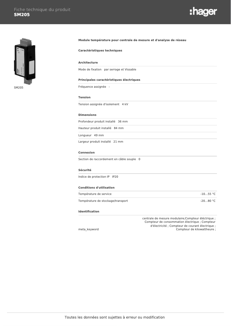 Page n°1 - Fiche technique Hager SM205