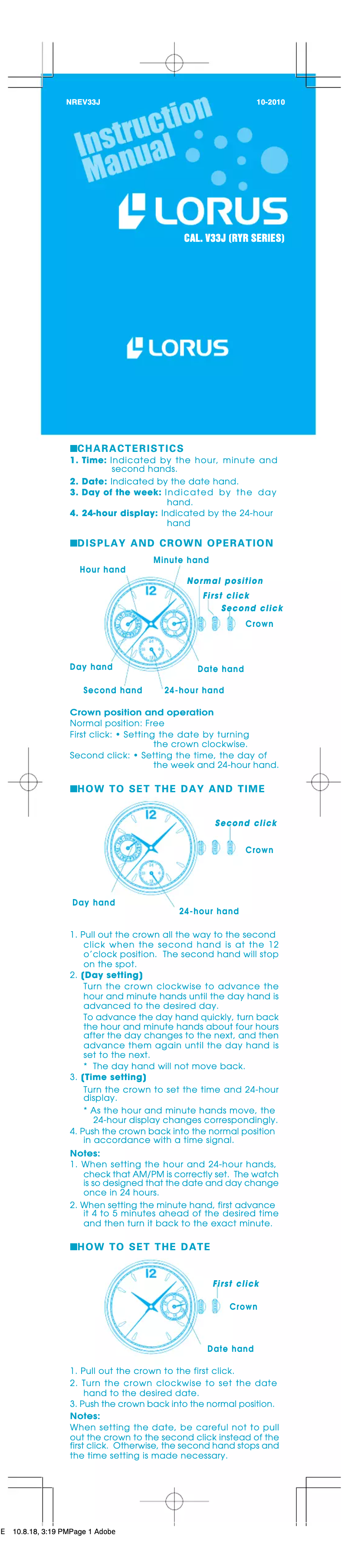 Page 1 de la notice Manuel utilisateur Lorus V33J