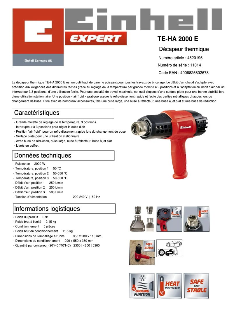 Page 1 de la notice Fiche technique Einhell TE-HA 2000 E