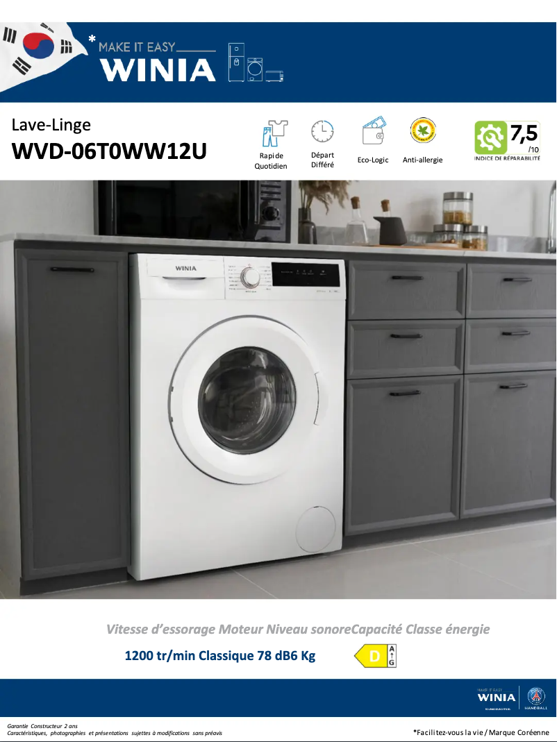 Page 1 de la notice Fiche technique Winia WVD-06T0WW12U