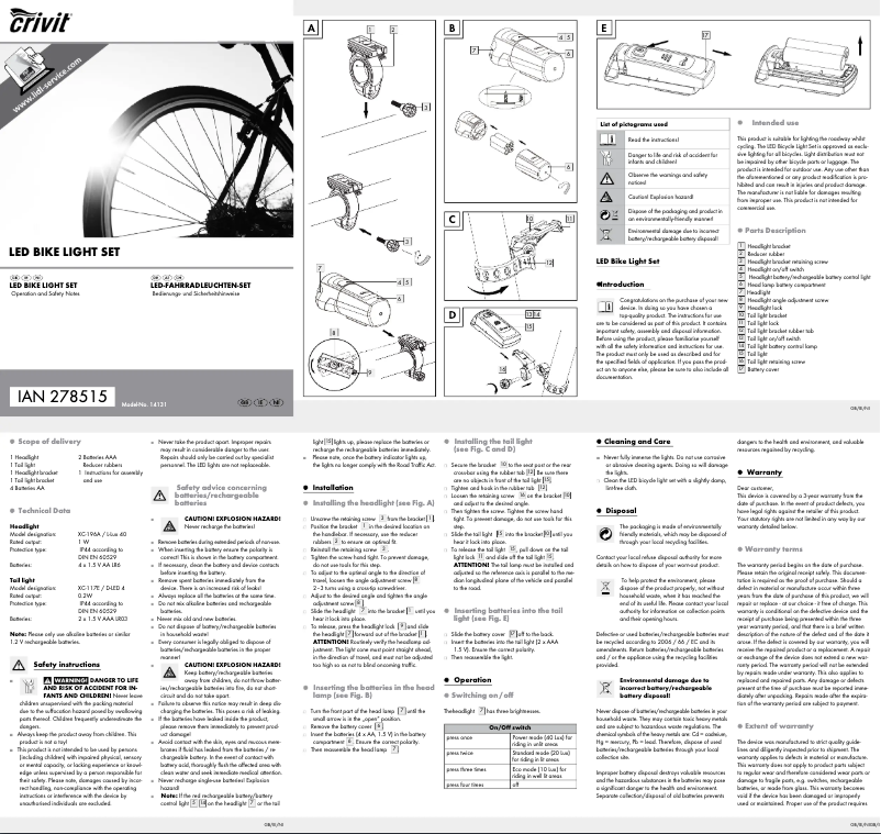 Page n°1 - Manuel utilisateur Crivit IAN 278515