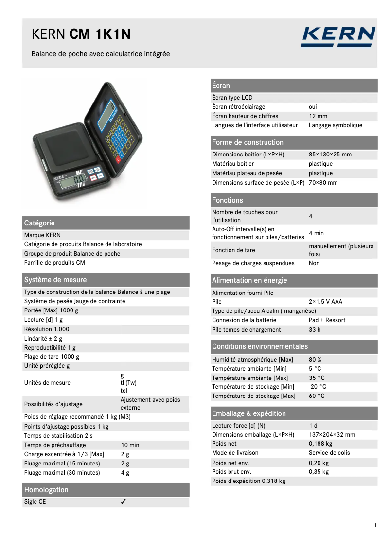 Page 1 de la notice Fiche technique Kern CM 1K1N