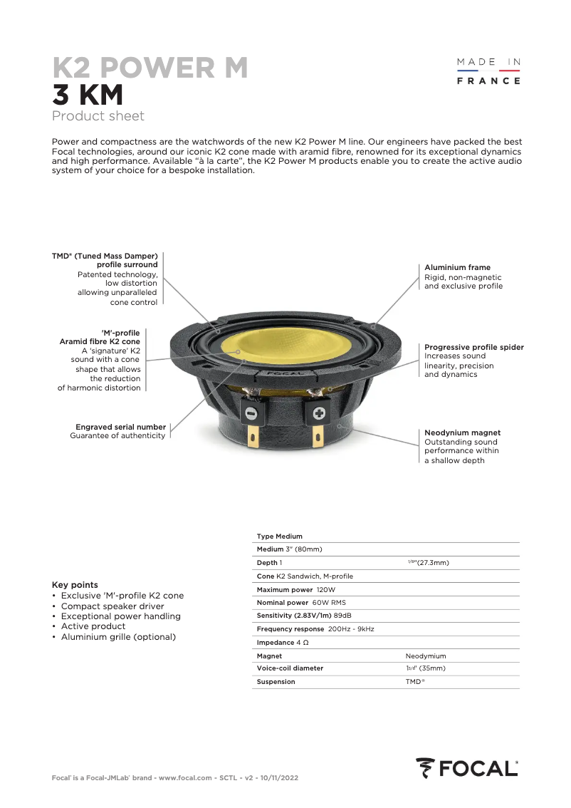 Page 1 de la notice Fiche technique Focal K2 Power M