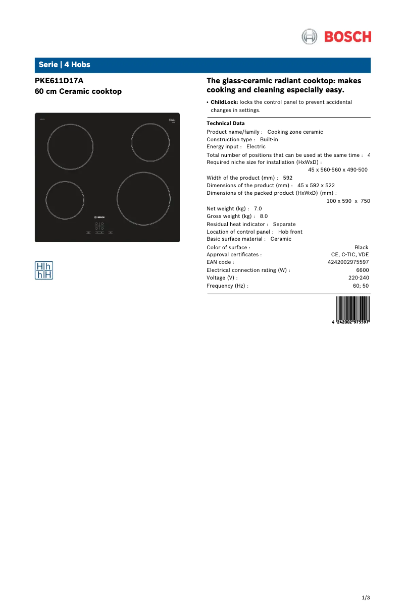 Page 1 de la notice Fiche technique Bosch PKE611D17A